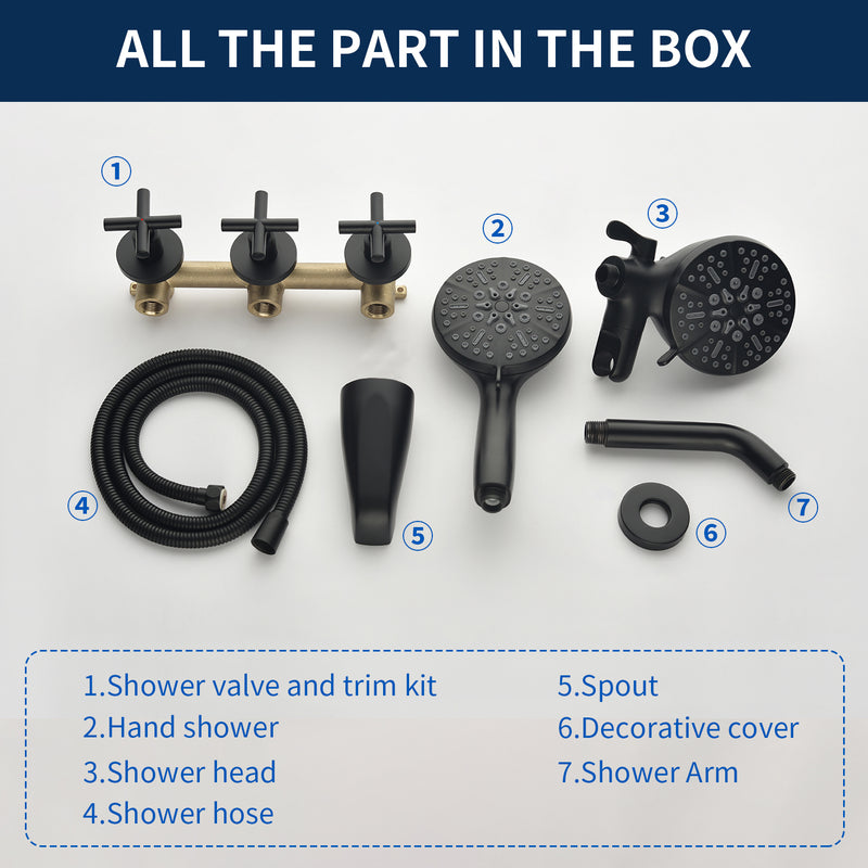 3 Handles 2 in 1 Round Tub Shower Faucet with 7-Spray Dual Shower Heads and Tub Spout
