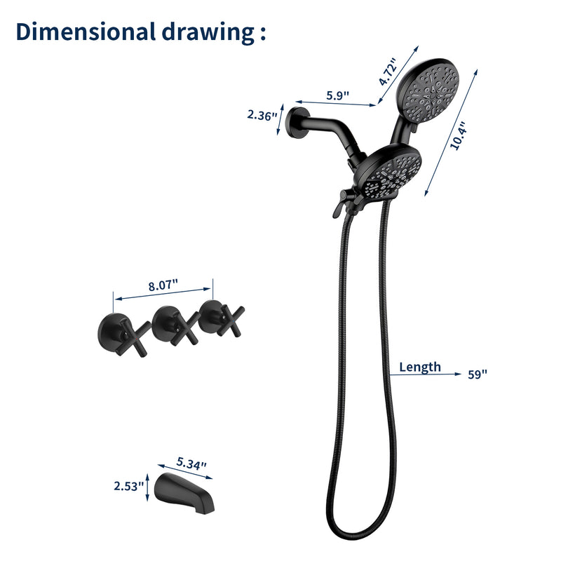 3 Handles 2 in 1 Round Tub Shower Faucet with 7-Spray Dual Shower Heads and Tub Spout