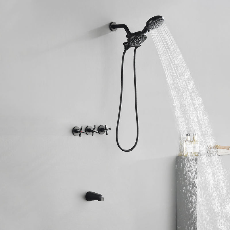 3 Handles 2 in 1 Round Tub Shower Faucet with 7-Spray Dual Shower Heads and Tub Spout