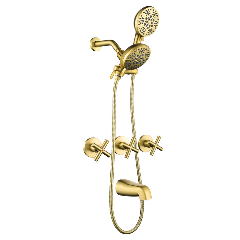 3 Handles 2 in 1 Round Tub Shower Faucet with 7-Spray Dual Shower Heads and Tub Spout