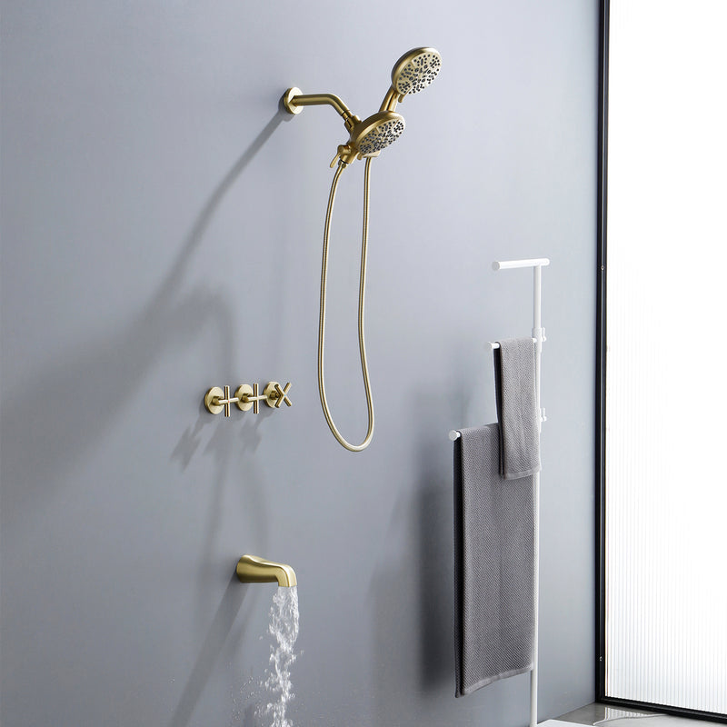 3 Handles 2 in 1 Round Tub Shower Faucet with 7-Spray Dual Shower Heads and Tub Spout
