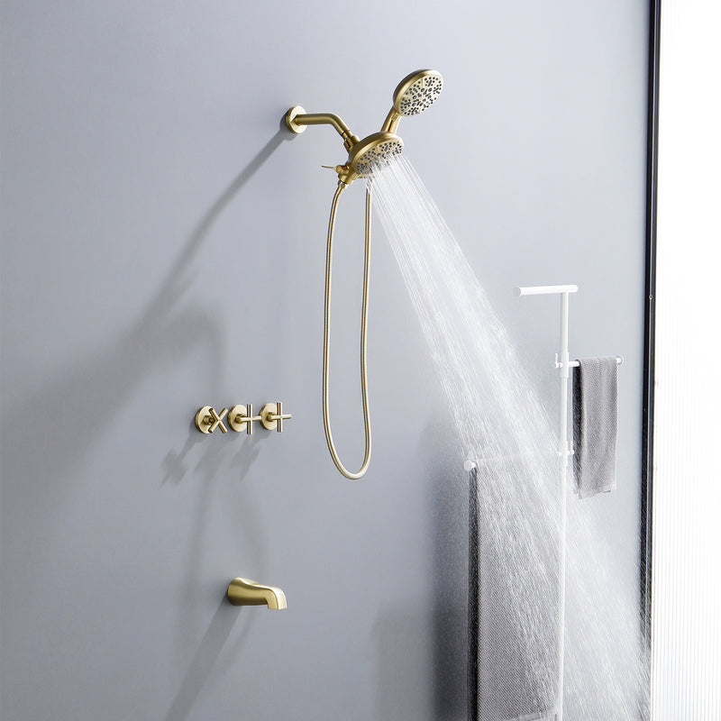 3 Handles 2 in 1 Round Tub Shower Faucet with 7-Spray Dual Shower Heads and Tub Spout