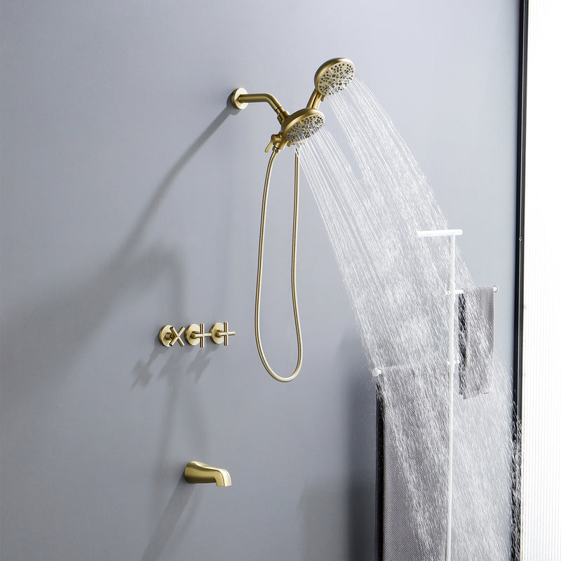 3 Handles 2 in 1 Round Tub Shower Faucet with 7-Spray Dual Shower Heads and Tub Spout