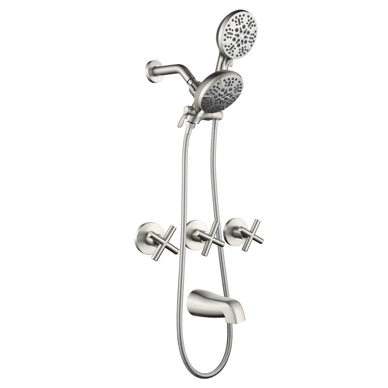 3 Handles 2 in 1 Round Tub Shower Faucet with 7-Spray Dual Shower Heads and Tub Spout