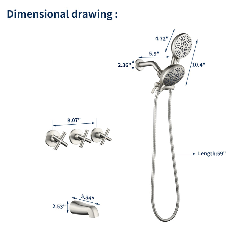 3 Handles 2 in 1 Round Tub Shower Faucet with 7-Spray Dual Shower Heads and Tub Spout