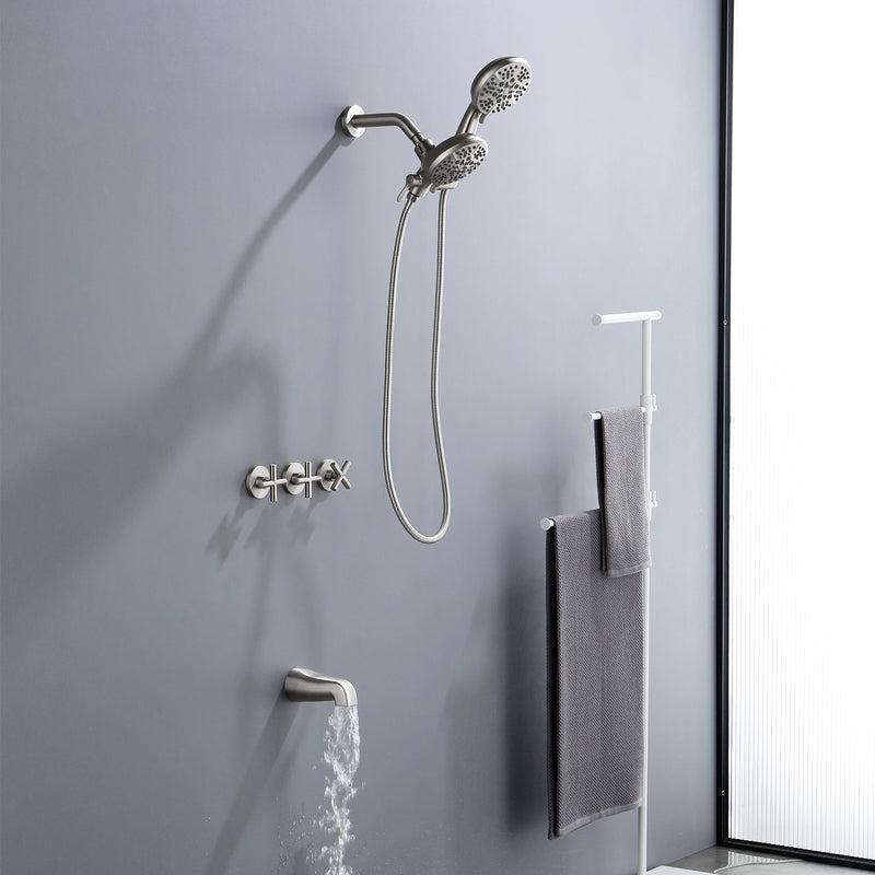 3 Handles 2 in 1 Round Tub Shower Faucet with 7-Spray Dual Shower Heads and Tub Spout