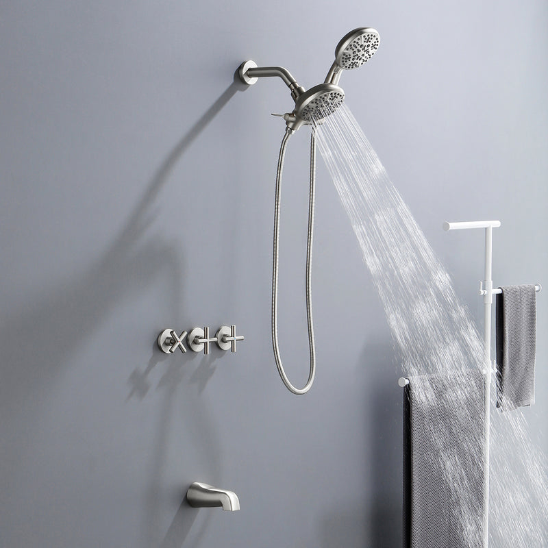 3 Handles 2 in 1 Round Tub Shower Faucet with 7-Spray Dual Shower Heads and Tub Spout