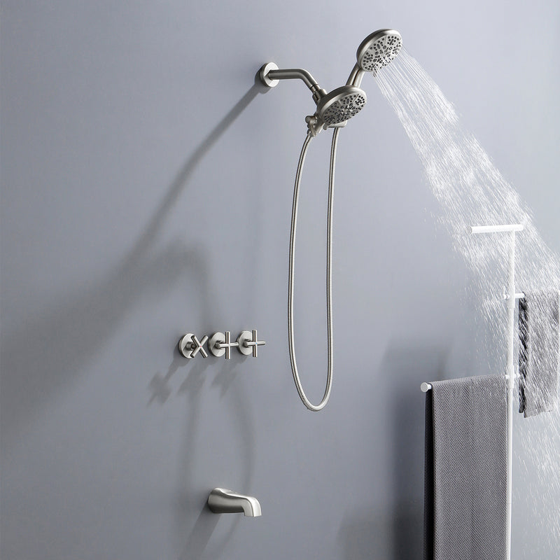 3 Handles 2 in 1 Round Tub Shower Faucet with 7-Spray Dual Shower Heads and Tub Spout