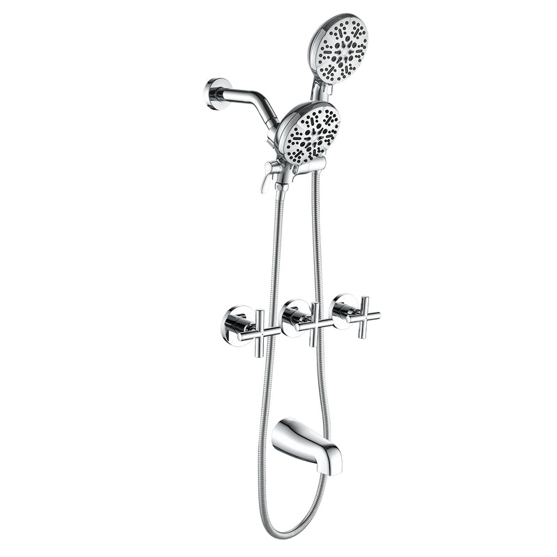 3 Handles 2 in 1 Round Tub Shower Faucet with 7-Spray Dual Shower Heads and Tub Spout
