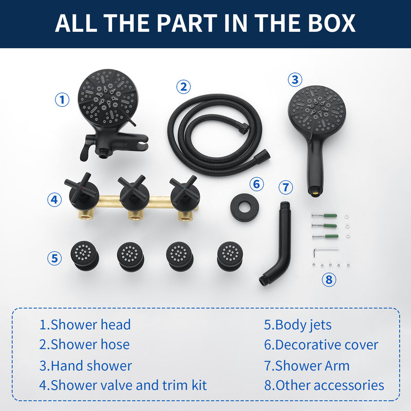 Triple Handles 7-Mode Dual Head Built-In Rainfall Shower System with 4 Body Jets