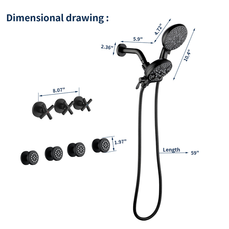Triple Handles 7-Mode Dual Head Built-In Rainfall Shower System with 4 Body Jets