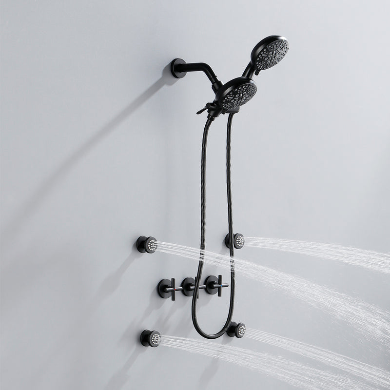 Triple Handles 7-Mode Dual Head Built-In Rainfall Shower System with 4 Body Jets