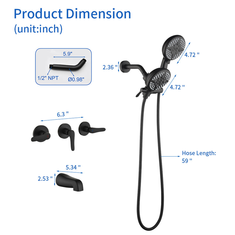 3 Handle Tub Shower Faucet Set Shower System with Tub Spout Bathtub Faucet Set Shower Tub Combo Set Complete Tub and Shower Trim Kit Matte Black