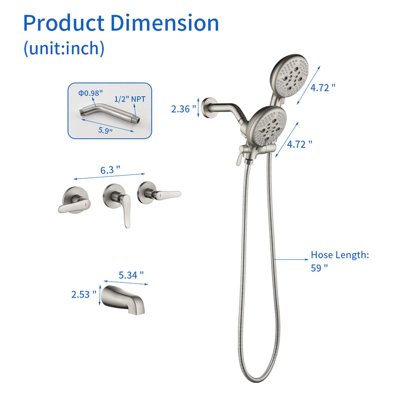 3 Handle Tub Shower Faucet Set Shower System with Tub Spout Bathtub Faucet Set Shower Tub Combo Set Complete Tub and Shower Trim Kit Matte Black