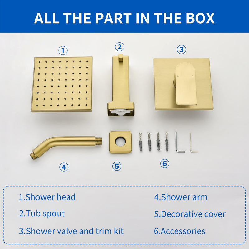 High pressure Single function 6 inch Square Shower Trim Kit with Diverting Tub Spout