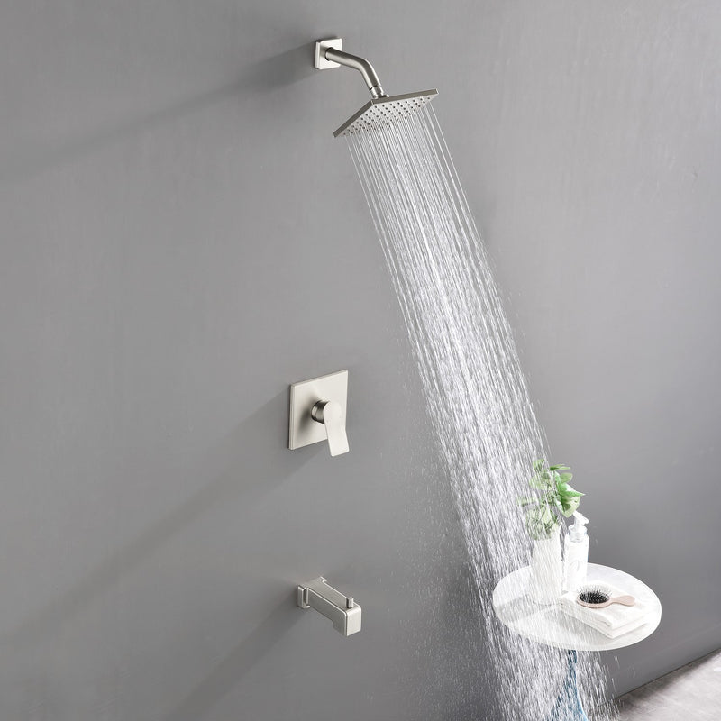 High pressure Single function 6 inch Square Shower Trim Kit with Diverting Tub Spout