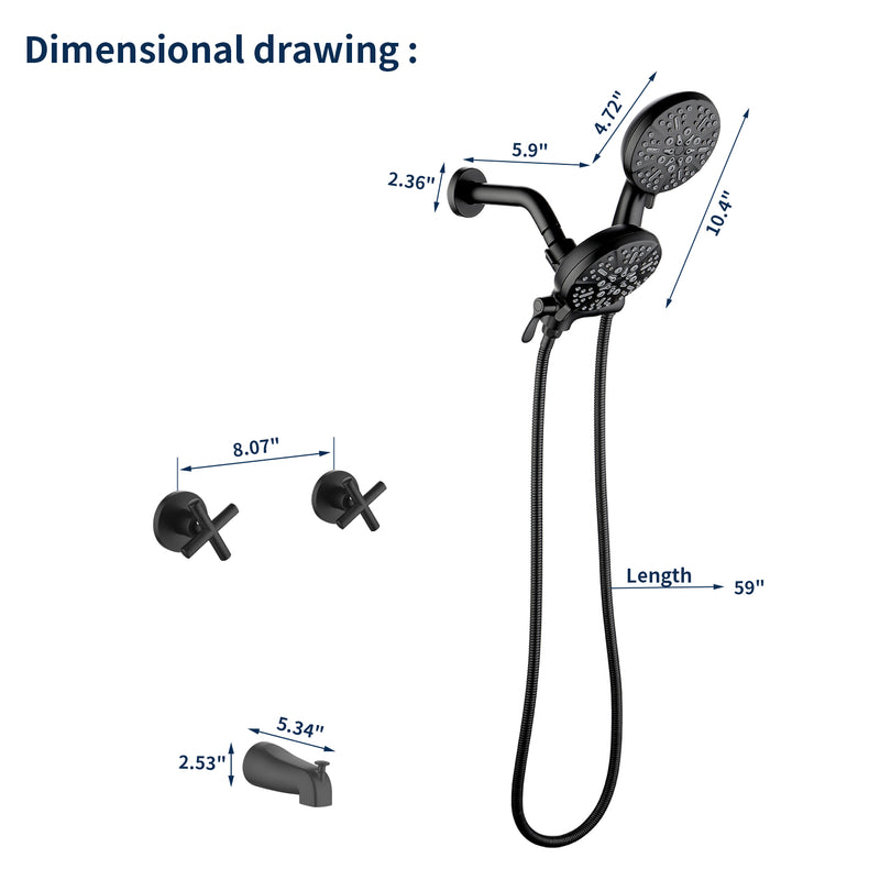 2 Cross Handle Tub & Shower Trim Set with Cold and Hot Water, 7 Modes Dual Shower Head Set with Diverter Tub Spout