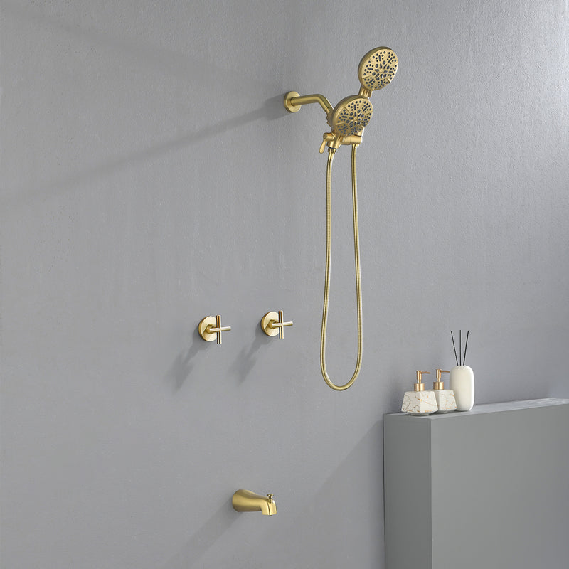 2 Cross Handle Tub & Shower Trim Set with Cold and Hot Water, 7 Modes Dual Shower Head Set with Diverter Tub Spout