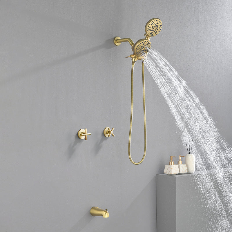 2 Cross Handle Tub & Shower Trim Set with Cold and Hot Water, 7 Modes Dual Shower Head Set with Diverter Tub Spout