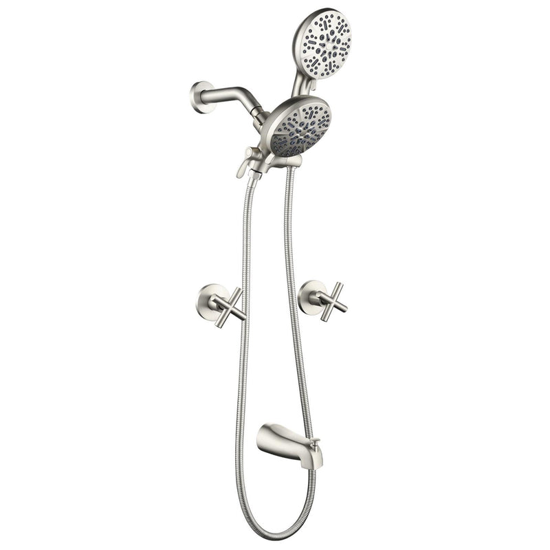 2 Cross Handle Tub & Shower Trim Set with Cold and Hot Water, 7 Modes Dual Shower Head Set with Diverter Tub Spout