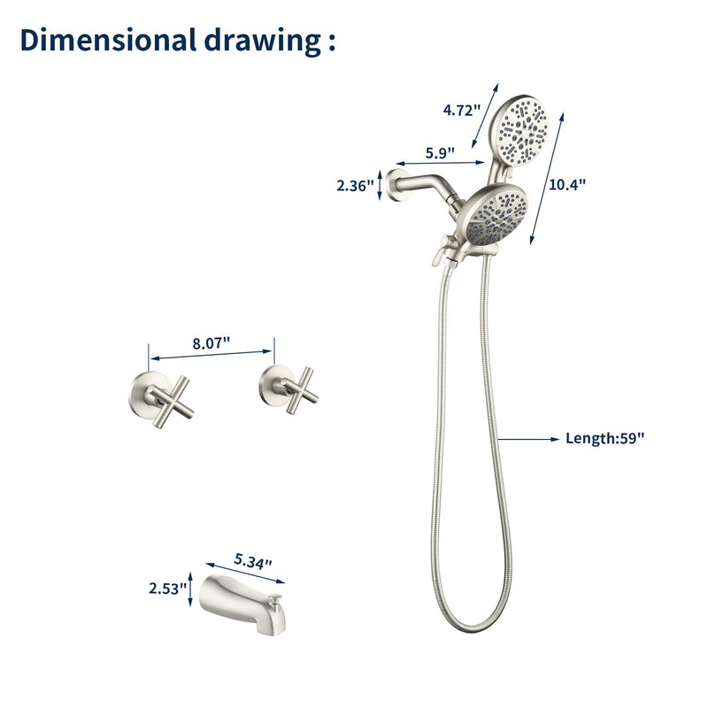 2 Cross Handle Tub & Shower Trim Set with Cold and Hot Water, 7 Modes Dual Shower Head Set with Diverter Tub Spout