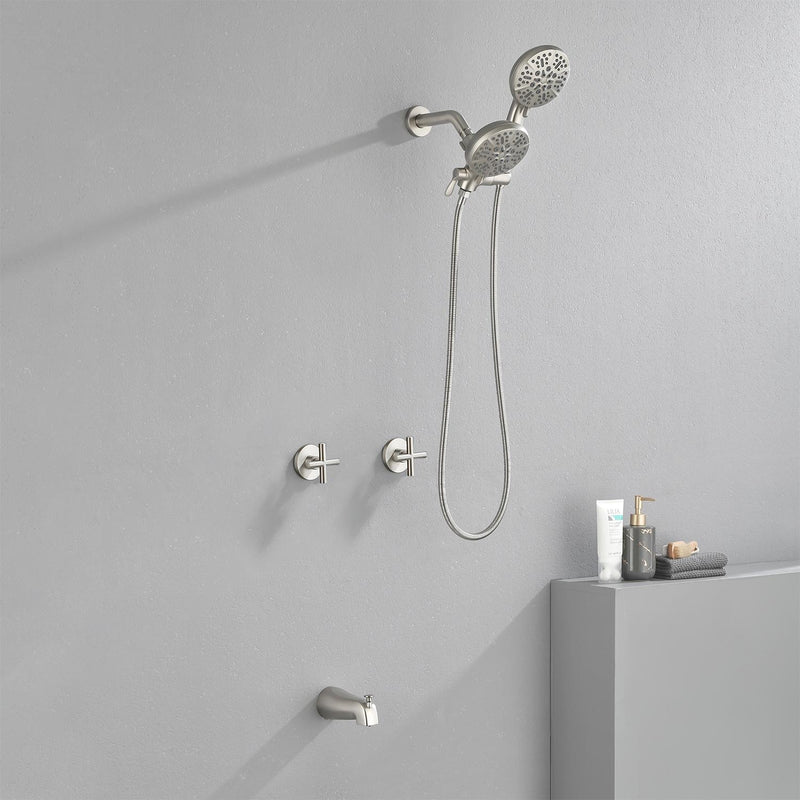2 Cross Handle Tub & Shower Trim Set with Cold and Hot Water, 7 Modes Dual Shower Head Set with Diverter Tub Spout