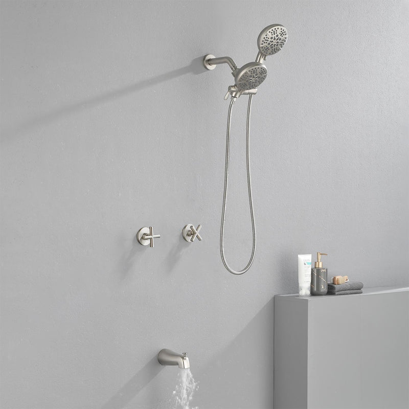 2 Cross Handle Tub & Shower Trim Set with Cold and Hot Water, 7 Modes Dual Shower Head Set with Diverter Tub Spout