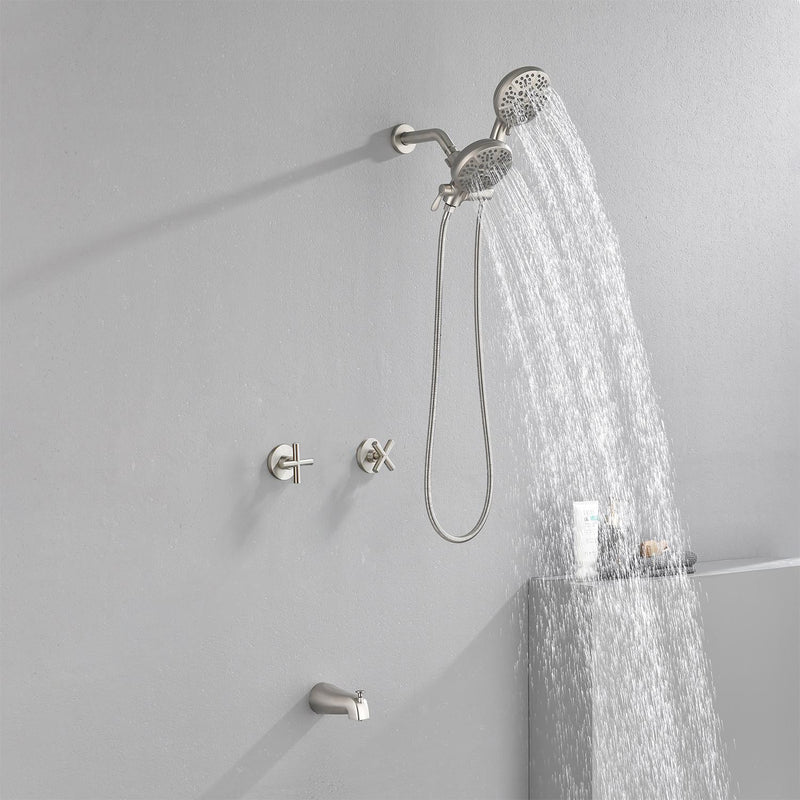 2 Cross Handle Tub & Shower Trim Set with Cold and Hot Water, 7 Modes Dual Shower Head Set with Diverter Tub Spout