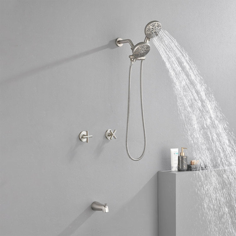 2 Cross Handle Tub & Shower Trim Set with Cold and Hot Water, 7 Modes Dual Shower Head Set with Diverter Tub Spout