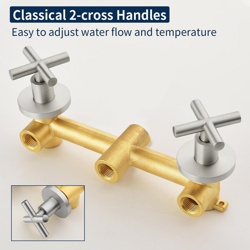 2 Cross Handle Tub & Shower Trim Set with Cold and Hot Water, 7 Modes Dual Shower Head Set with Diverter Tub Spout