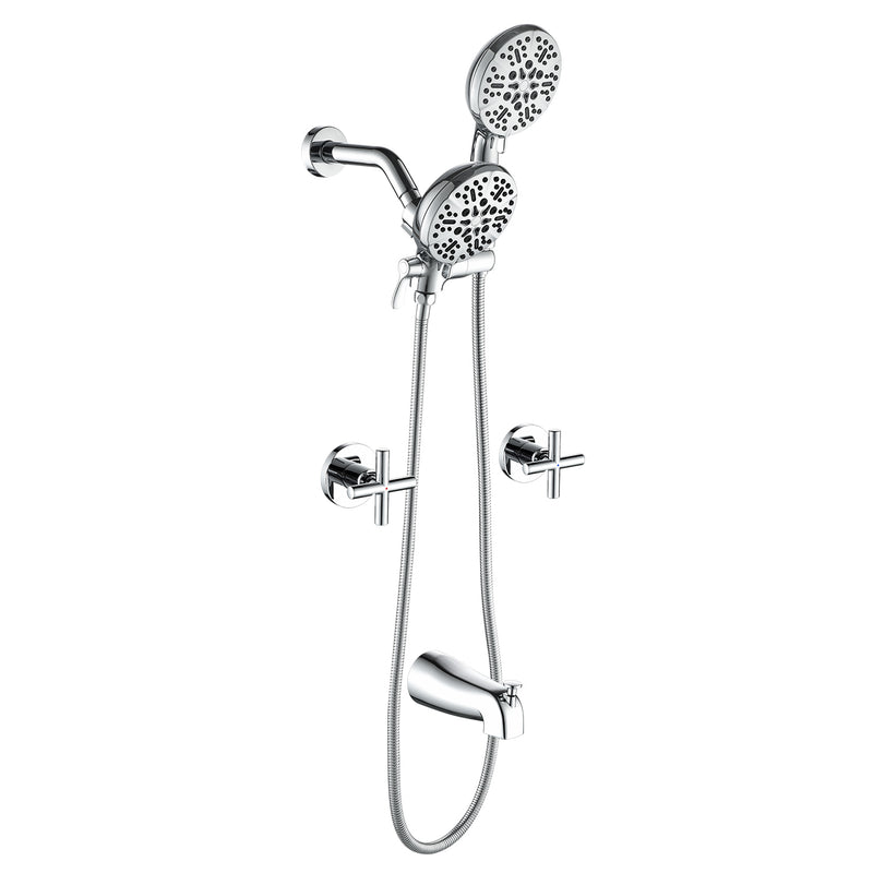 2 Cross Handle Tub & Shower Trim Set with Cold and Hot Water, 7 Modes Dual Shower Head Set with Diverter Tub Spout