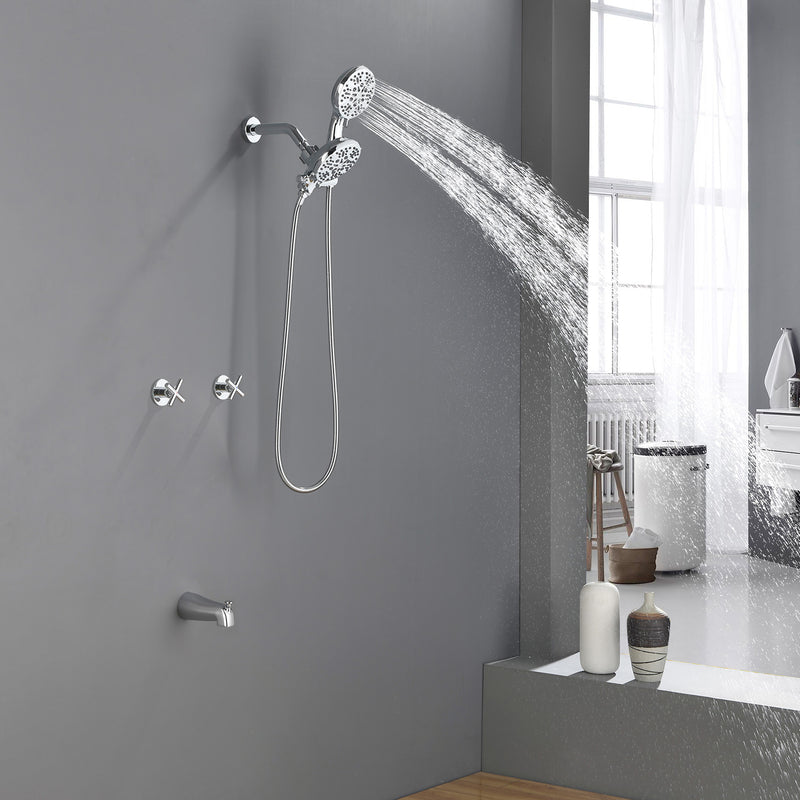2 Cross Handle Tub & Shower Trim Set with Cold and Hot Water, 7 Modes Dual Shower Head Set with Diverter Tub Spout