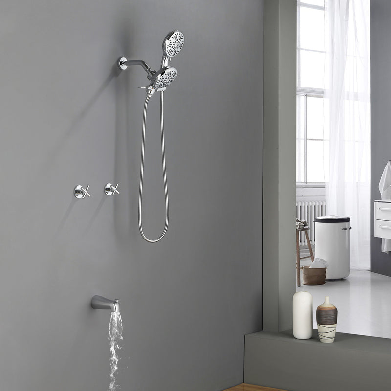 2 Cross Handle Tub & Shower Trim Set with Cold and Hot Water, 7 Modes Dual Shower Head Set with Diverter Tub Spout