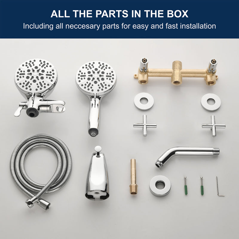 2 Cross Handle Tub & Shower Trim Set with Cold and Hot Water, 7 Modes Dual Shower Head Set with Diverter Tub Spout