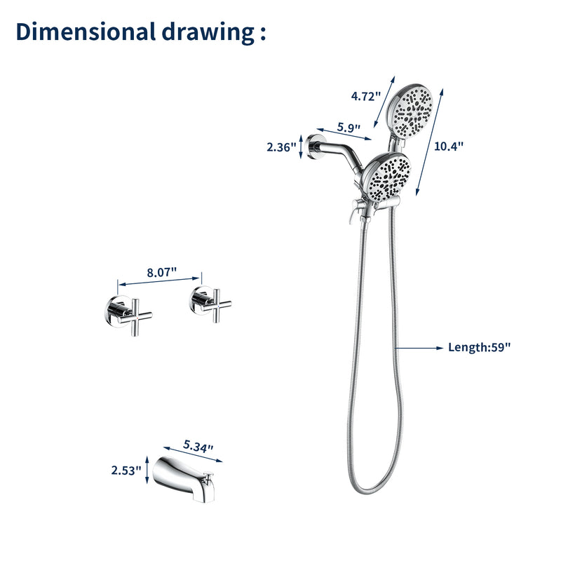 2 Cross Handle Tub & Shower Trim Set with Cold and Hot Water, 7 Modes Dual Shower Head Set with Diverter Tub Spout