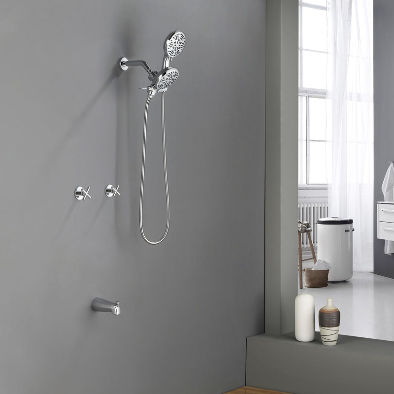 2 Cross Handle Tub & Shower Trim Set with Cold and Hot Water, 7 Modes Dual Shower Head Set with Diverter Tub Spout