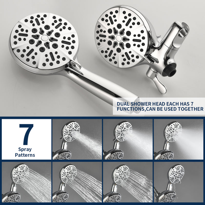 2 Cross Handle Tub & Shower Trim Set with Cold and Hot Water, 7 Modes Dual Shower Head Set with Diverter Tub Spout