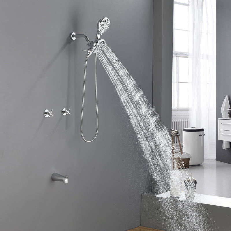 2 Cross Handle Tub & Shower Trim Set with Cold and Hot Water, 7 Modes Dual Shower Head Set with Diverter Tub Spout