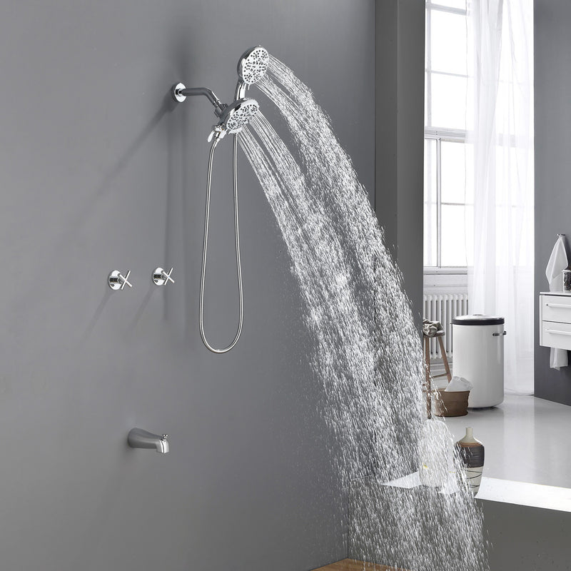 2 Cross Handle Tub & Shower Trim Set with Cold and Hot Water, 7 Modes Dual Shower Head Set with Diverter Tub Spout