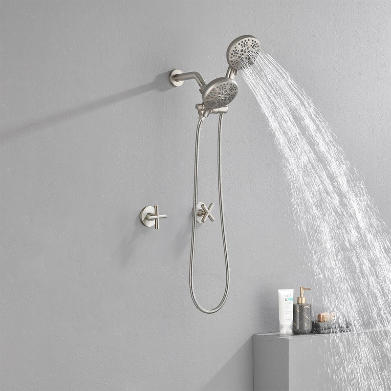 Wall Mount 4.7 Inch Rainfall Dual Shower Head System with 7-Mode Handheld Shower and 2-Cross Handle