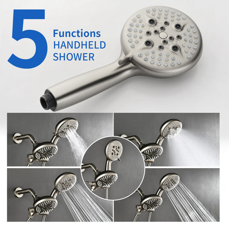2-Head Shower Trim Kit with 5-Setting Handheld Sprayer and Cross Handle in Matte Black | Brushed Nickel | Brushed Gold