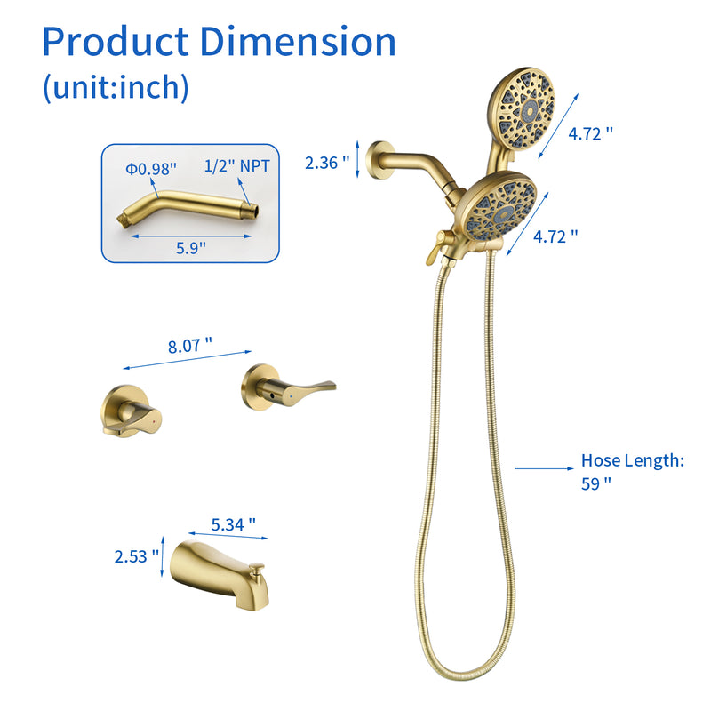 2 Handles Tub and Shower Faucet Set 6-Function High Pressure Dual Shower System with Tub Spout