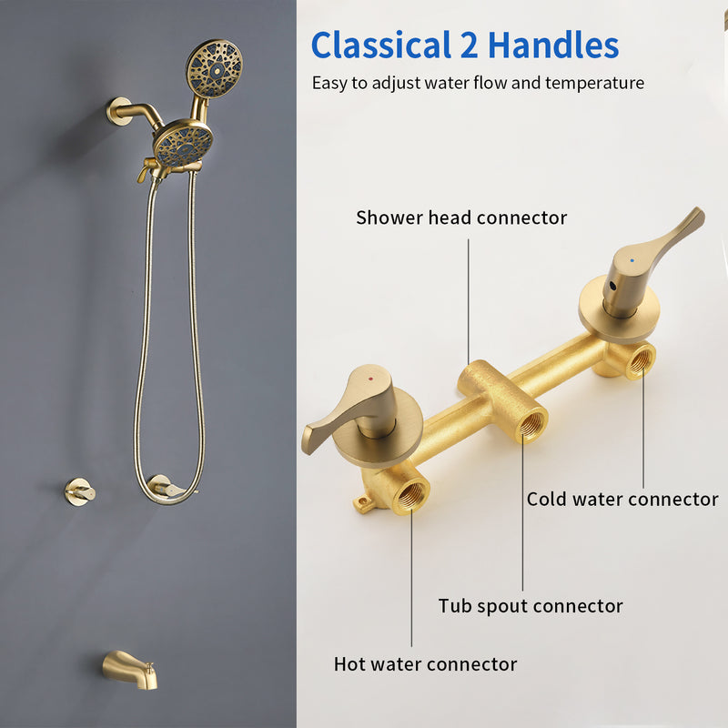 2 Handles Tub and Shower Faucet Set 6-Function High Pressure Dual Shower System with Tub Spout