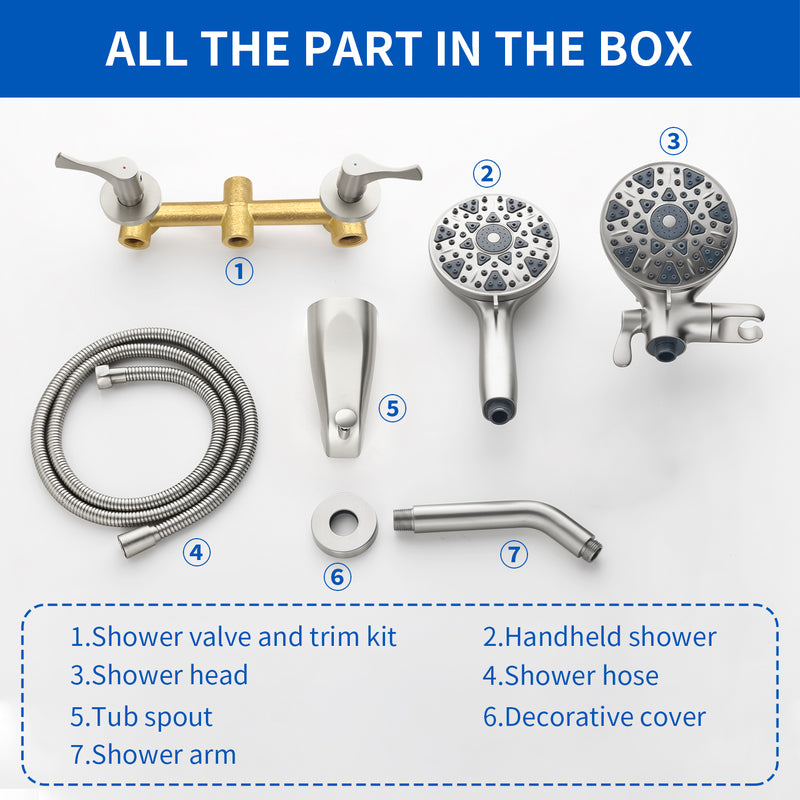2 Handles Tub and Shower Faucet Set 6-Function High Pressure Dual Shower System with Tub Spout
