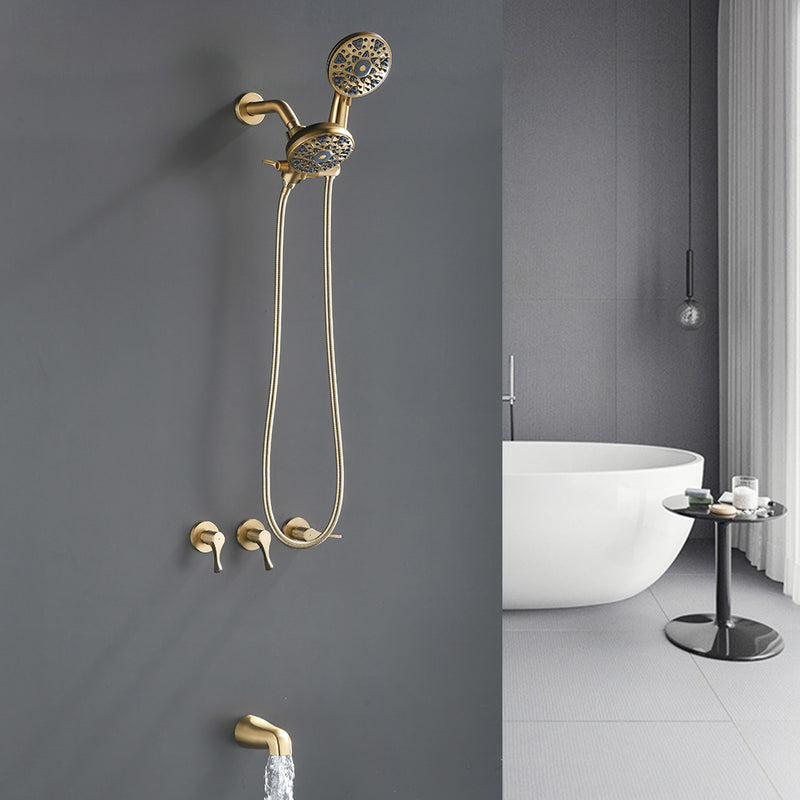 3 Handles Tub Shower Faucet with Round 6-Spray 2 In 1 Dual Shower Head and Tub Spout