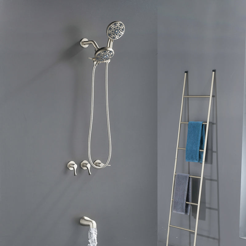 3 Handles Tub Shower Faucet with Round 6-Spray 2 In 1 Dual Shower Head and Tub Spout