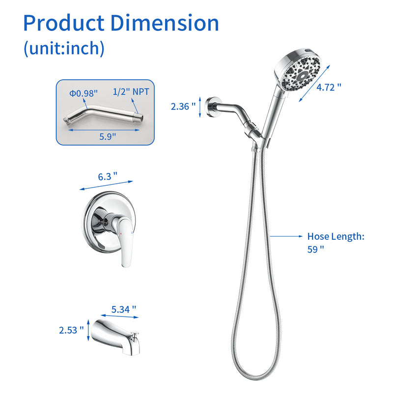 Tub and shower faucet kit with 7 functions 4.7-inch filtered hand shower valve included