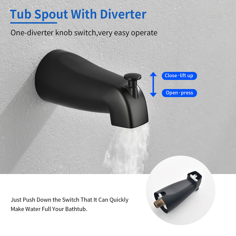 2-Handle Bath and Shower Trim Kit with Diverter Tub Spout 6-Setting Tub Shower Faucet with Valve In Matte Black, Brushed Nickel, Brushed Gold