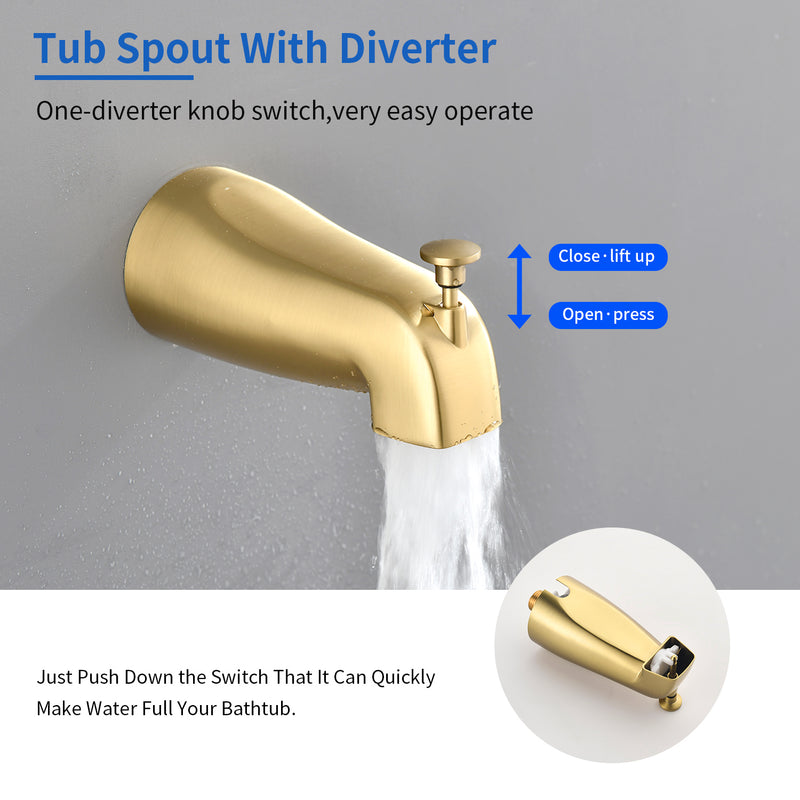 2-Handle Bath and Shower Trim Kit with Diverter Tub Spout 6-Setting Tub Shower Faucet with Valve In Matte Black, Brushed Nickel, Brushed Gold