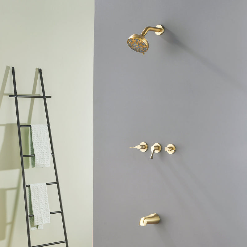 3-Handle Tub & Shower Trim with Tub Spout Wall Mounted 6-Spray 5-Inch Round Bathtub and Shower Faucet For Bathroom